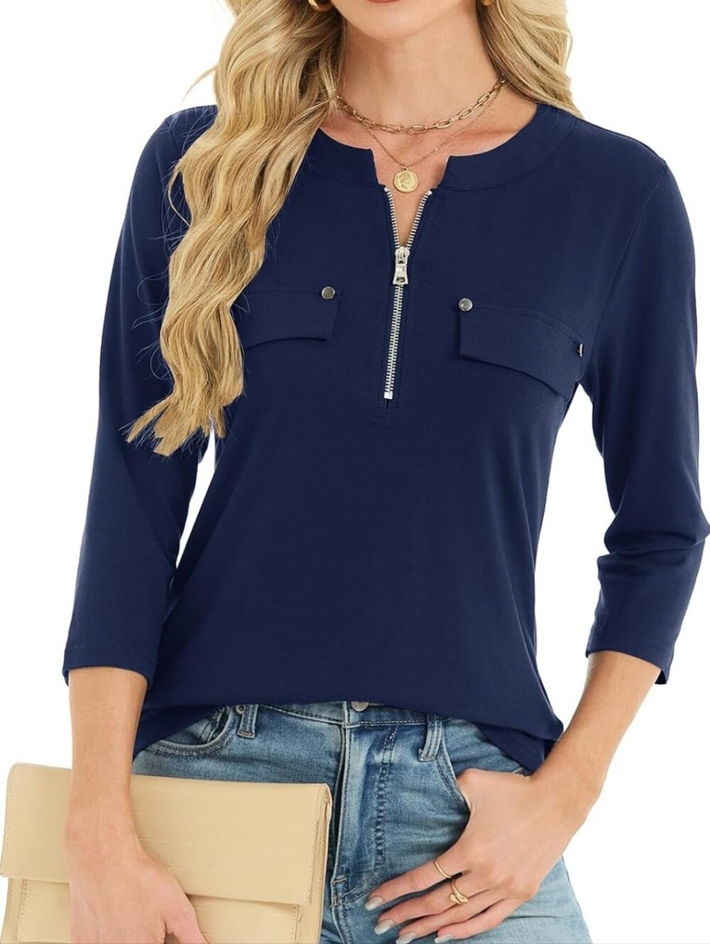NWT Women's 3/4 Length Sleeve Tops Business Casual Shirts V Neck Work Tunic with